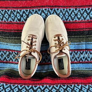 Men’s Polo Ralph Lauren Vaughn Beige Canvas Leather Casual Lace Up Shoes Sz 13D